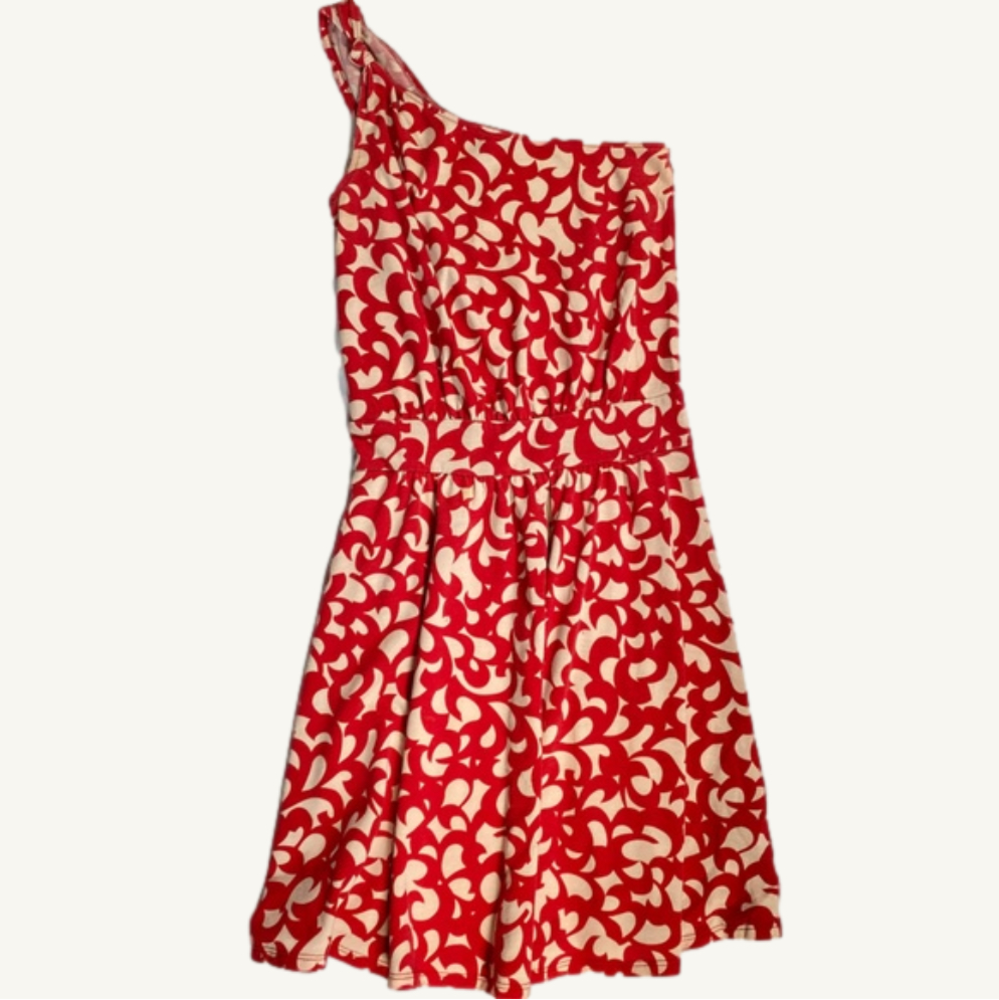 The Gap One Shoulder Red and Beige Swirl Pattern Dress Extra Small